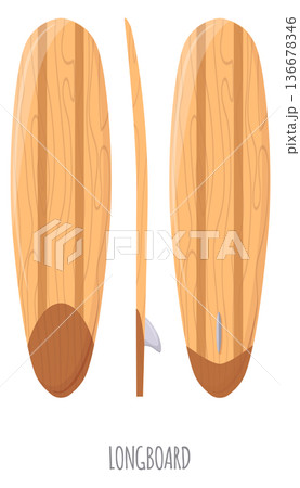 Longboard illustration. Wooden surfing board cartoon gear 136678346