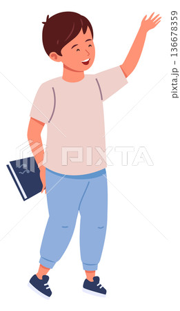 Bookworm boy. Kid hide book. Happy character Bookworm boy. Kid hide book. Happy character 136678359