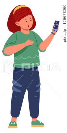Girl look on smartphone screen. Kid device addiction 136678360