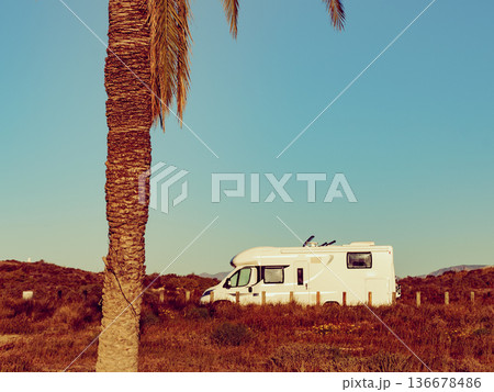 Camper on beach, camping on sea coast Camper on beach, camping on sea coast 136678486