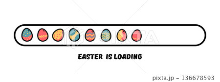 Easter loading progress bar with colorful cartoon eggs, horizontal holiday countdown banner isolated on white. Happy Easter egg loading bar illustration, creative spring holiday announcement banner 136678593