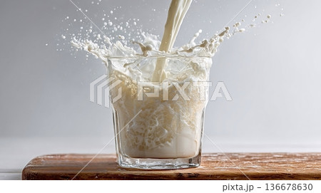 Fresh milk pouring into glass creating splash 136678630