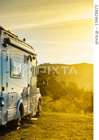 Caravan on nature at morning Caravan on nature at morning 136678672