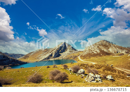 Beautiful mountain landscape. Peaks of Europe (Picos de Europa) National Park. A glacial Lake Enol. Asturias, Spain, Europe Beautiful mountain landscape. Peaks of Europe (Picos de Europa) National Park. A glacial Lake Enol. Asturias, Spain, Europe 136678715