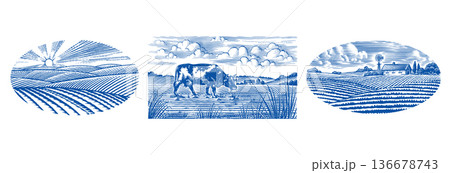 Rustic meadow hand drawn village landscapes illustrations with fields, house, cow oak and windmill 136678743