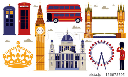 London and UK symbols and architecture. st. Paul cathedral, Big Ben and Tower bridge. Double decker London and UK symbols and architecture. st. Paul cathedral, Big Ben and Tower bridge. Double decker 136678795