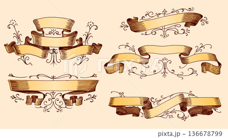 Set of scroll ribbon banners in Barocco style. Hand drawn engraving for your text in vintage 136678799