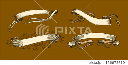 Set of scroll ribbon banners in Barocco style. Hand drawn engraving for your text in vintage 136678810