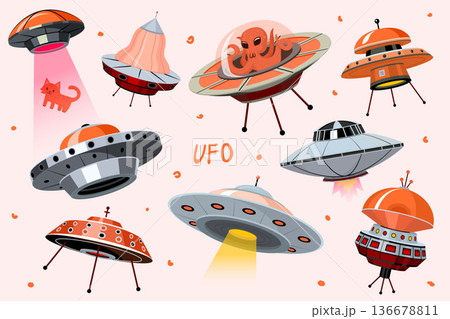 A set of UFO a range of unidentified flying objects with different designs of alien ships in retro A set of UFO a range of unidentified flying objects with different designs of alien ships in retro 136678811