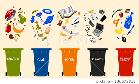 Set of five recycling trash bins for waste sorting. Recycle and management. Containers for different Set of five recycling trash bins for waste sorting. Recycle and management. Containers for different 136678813
