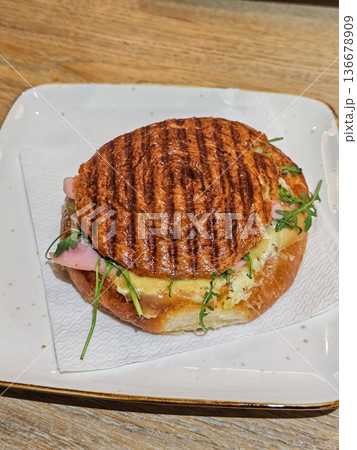 Top View of Ham Sandwich on Plate 136678909