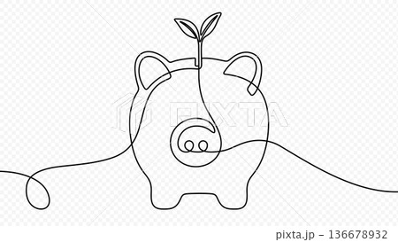 Piggy bank with a sprout continuous line drawing 136678932