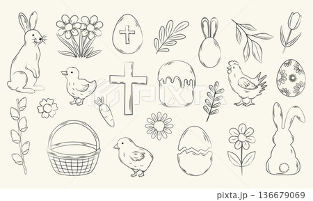 Hand drawn outline sketch Easter holiday element set with bunny, eggs, chicks, cake and cross vector illustration 136679069