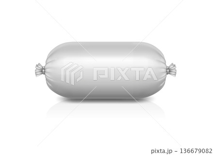 Vector 3d Realistic White Sausage Casing Isolated. Realistic Food Packaging Mockup. Unbranded Meat Template. Minimal Blank Sausage Packaging, Front View Vector 3d Realistic White Sausage Casing Isolated. Realistic Food Packaging Mockup. Unbranded Meat Template. Minimal Blank Sausage Packaging, Front View 136679082