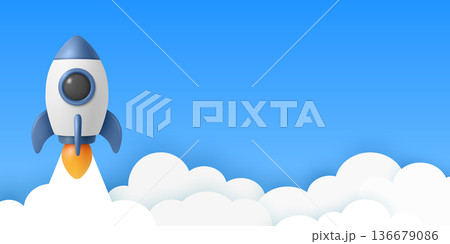 Rocket Launch Banner with Copy Space, Vector 3d Minimal Banner. Startup Space Travel Header, App UI Background. Blue and White Rocket Launch on Blue Sky Clouds 136679086