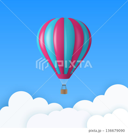 Vector Travel Banner with 3d Realistic Pink and Blue Hot Air Balloon Icon on a Blue Sky Background. Design Template, Summer Vacation, Travelling, Tourism and Journey Concept Vector Travel Banner with 3d Realistic Pink and Blue Hot Air Balloon Icon on a Blue Sky Background. Design Template, Summer Vacation, Travelling, Tourism and Journey Concept 136679090