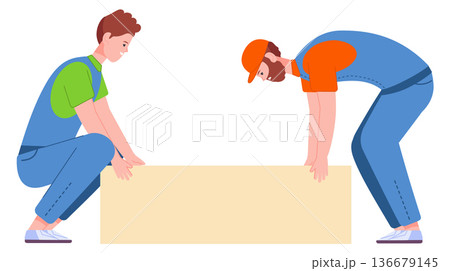 Workman lift heavy box. Tired working men 136679145