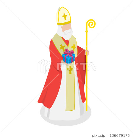 3D Isometric Flat Vector Illustration of Saint Nicholas, Celebrating The Joyful St Nicholas Day With Traditional Festivities And Gift-Giving.. Item 2 136679176