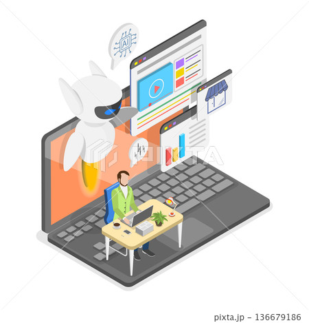 3D Isometric Flat Vector Illustration of AI Sales Improvement, Increase Revenue, Investment or Growing Sales. Item 2 136679186