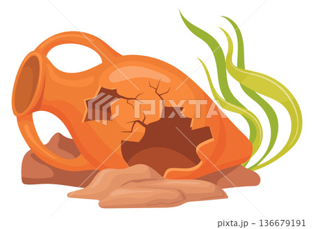 Broken amphora. Old clay jug lay underwater cartoon icon Broken amphora. Old clay jug lay underwater cartoon icon 136679191