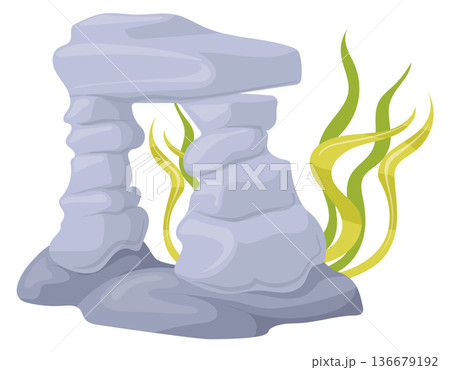 Underwater seaweed and stone ark. Cartoon aquarium decoration 136679192