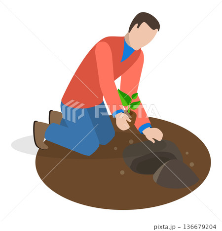 3D Isometric Flat Vector Illustration of Home Garden, Gardening Tools For Soil Preparation And Planting By People. Item 2 136679204