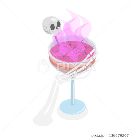 3D Isometric Flat Vector Illustration of Halloween Drinks, Collection Of Skeleton Hands Holding Spooky Halloween Coctails. Item 2 136679207