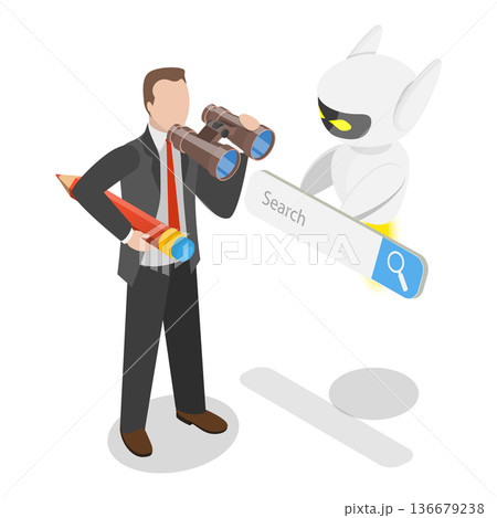 3D Isometric Flat Vector Illustration of AI Search, Artificial Intelligence Robot Answer Questions. Item 2 136679238