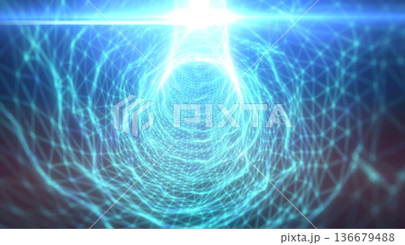 Bright cyan wireframe tunnel with lens flare and geometric network mesh, creating a futuristic digital portal and technology background 136679488