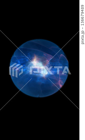 Glowing blue plasma orb with electric veins on black background, futuristic energy sphere with soft haze and luminous core Glowing blue plasma orb with electric veins on black background, futuristic energy sphere with soft haze and luminous core 136679489