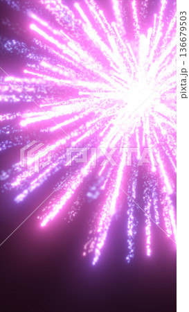 Vibrant purple and pink light burst with sparkling particle trails, creating an abstract fireworks explosion background 136679503