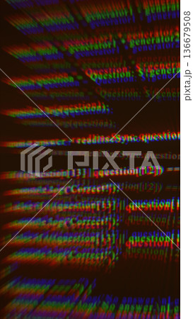 Blurred multicolor RGB code text with glitch distortion effects, creating a cyberpunk digital aesthetic Blurred multicolor RGB code text with glitch distortion effects, creating a cyberpunk digital aesthetic 136679508