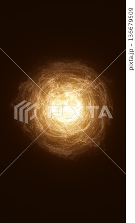 Glowing golden energy vortex forming a cosmic nebula swirl on a dark background 136679509