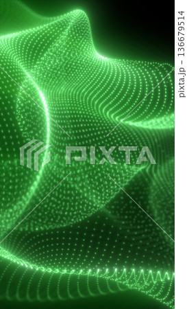 Green flowing wave of tiny glowing particles forming a dynamic digital landscape with smooth curved motion 136679514