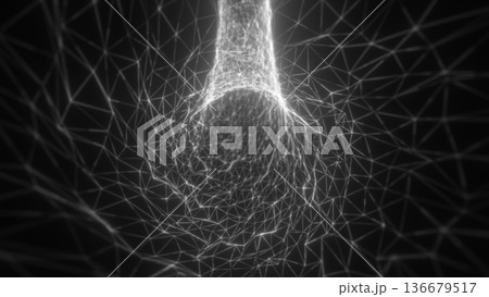 Monochrome geometric wireframe forming a swirling digital spiral with glowing nodes and a deep vortex structure Monochrome geometric wireframe forming a swirling digital spiral with glowing nodes and a deep vortex structure 136679517