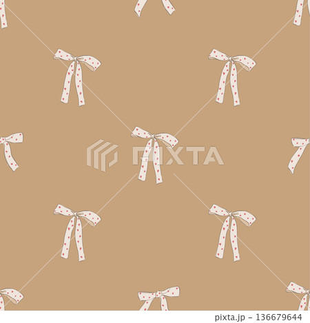 Vector seamless pattern of white bows with red hearts. Hand-drawn gift ribbon isolated on beige background. Holiday illustration for design, print, fabric or background. Vector seamless pattern of white bows with red hearts. Hand-drawn gift ribbon isolated on beige background. Holiday illustration for design, print, fabric or background. 136679644