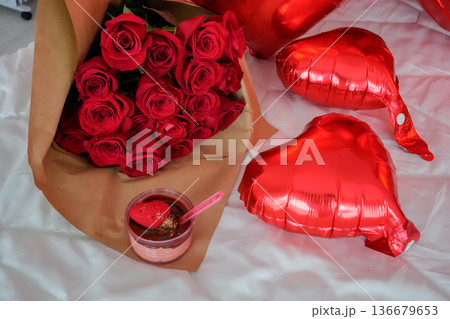 Red Roses Bouquet with Heart Dessert and Balloons Red Roses Bouquet with Heart Dessert and Balloons 136679653