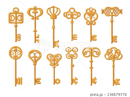 Antique keys. Carved decorative lock picks, vintage filigree heads, victorian elements, opening, closing door devices, medieval old passkeys, retro home safe and security splendid vector set 136679778