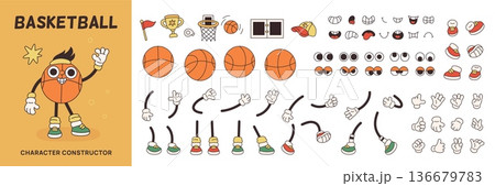 Basketball ball cartoon character constructor. Funny retro sport mascot, creation kit, happy smiling vintage face, playful poses parts, hands and legs, different expressions garish vector set Basketball ball cartoon character constructor. Funny retro sport mascot, creation kit, happy smiling vintage face, playful poses parts, hands and legs, different expressions garish vector set 136679783