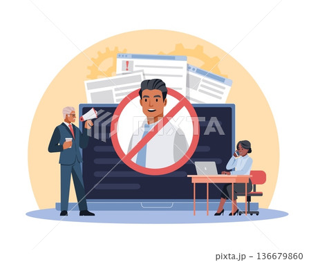 Cancellation culture. Institute of reputation, social censure, disregard and disapproval, HR management, ban office staff, warnings and dismissal process, vector cartoon isolated concept 136679860