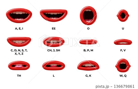 Cartoon 3d mouth. Funny red lips positions, articulation in pronunciation of sounds and letters, talking process sync animation speaking in English, render cartoon style classy vector set Cartoon 3d mouth. Funny red lips positions, articulation in pronunciation of sounds and letters, talking process sync animation speaking in English, render cartoon style classy vector set 136679861
