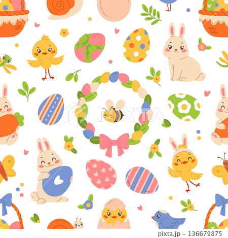 Cute easter seamless pattern. Spring holiday funny elements, animals, decorations, repeated colored eggs, bunnies, decor textile, wrapping paper. Print for fabric classy vector background Cute easter seamless pattern. Spring holiday funny elements, animals, decorations, repeated colored eggs, bunnies, decor textile, wrapping paper. Print for fabric classy vector background 136679875