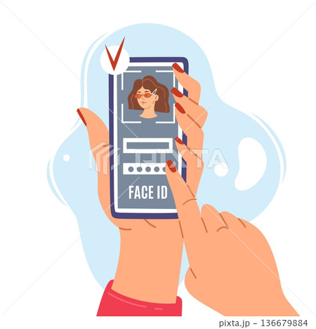 Face id access. Recognition system, verification and authentication person, biometric identity, login confirmation and digital security control, technology vector cartoon isolated concept Face id access. Recognition system, verification and authentication person, biometric identity, login confirmation and digital security control, technology vector cartoon isolated concept 136679884
