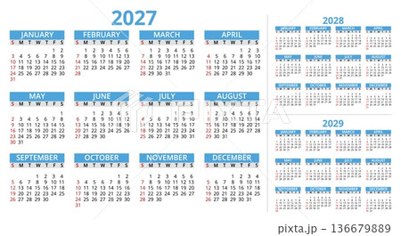 Few years calendar grids. Large font, months organizer, days of week, numbers and dates, simple design templates for 2027, 2028, and 2029, scheduling, time management qualitative vector set Few years calendar grids. Large font, months organizer, days of week, numbers and dates, simple design templates for 2027, 2028, and 2029, scheduling, time management qualitative vector set 136679889