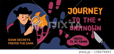 Film movie poster. Detective thriller banner, man in hat with magnifying glass is investigating murder, cinema genre, crime mystery storytelling, garish vector cartoon isolated concept 136679893