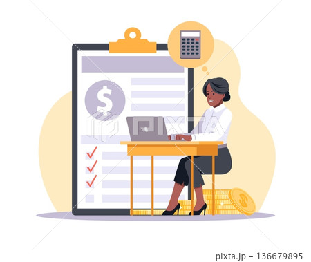 Financial analysis. Accountant summarizes results of year, financial statements and taxes, calculator and money symbols, payment management, business administration vector cartoon concept 136679895