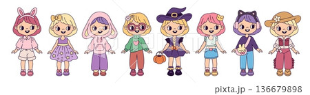 Girl paper doll outfits. Cute kids with different dresses and accessories, fashionable young characters, funny clothes, playful children cartoon flat style isolated garish vector set 136679898