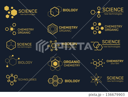 Hexagonal structure badges. Molecular diagrams, scientific names, medical logotype, bio, chemical laboratory icons, organic compounds, golden elements. Logo qualitative vector isolated set Hexagonal structure badges. Molecular diagrams, scientific names, medical logotype, bio, chemical laboratory icons, organic compounds, golden elements. Logo qualitative vector isolated set 136679903