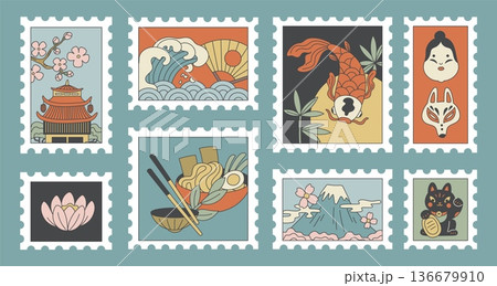 Japan postage stamps. Traditional symbols, elements and culture attractions, oriental masks souvenir, architecture, nature and food, traveling decorative stickers, garish vector isolated set Japan postage stamps. Traditional symbols, elements and culture attractions, oriental masks souvenir, architecture, nature and food, traveling decorative stickers, garish vector isolated set 136679910