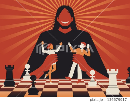 Manipulated people. Pawns in big game, dominating victim and controlling actions of others, brainwash, higher ups manage, authority strategy on chess board, tidy vector isolated concept Manipulated people. Pawns in big game, dominating victim and controlling actions of others, brainwash, higher ups manage, authority strategy on chess board, tidy vector isolated concept 136679917
